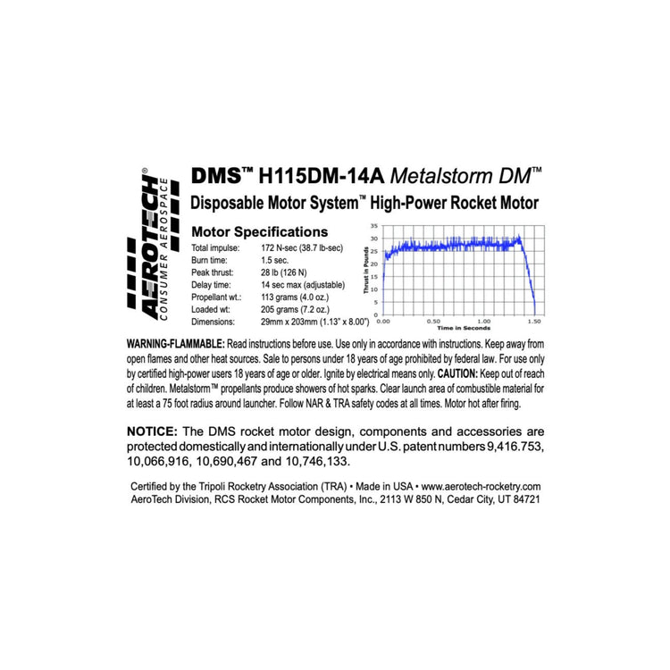 AeroTech H115DM-14A 29mm x 203mm Single Use DMS 1-Motor Kit - 081114