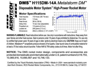 AeroTech H115DM-14A 29mm x 203mm Single Use DMS 1-Motor Kit - 081114