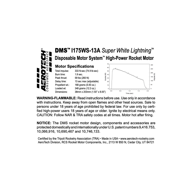 AeroTech I175WS-13A 38mm x 203mm Single Use DMS 1-Motor Kit - 091713