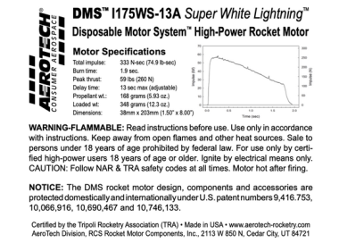 AeroTech I175WS-13A 38mm x 203mm Single Use DMS 1-Motor Kit - 091713