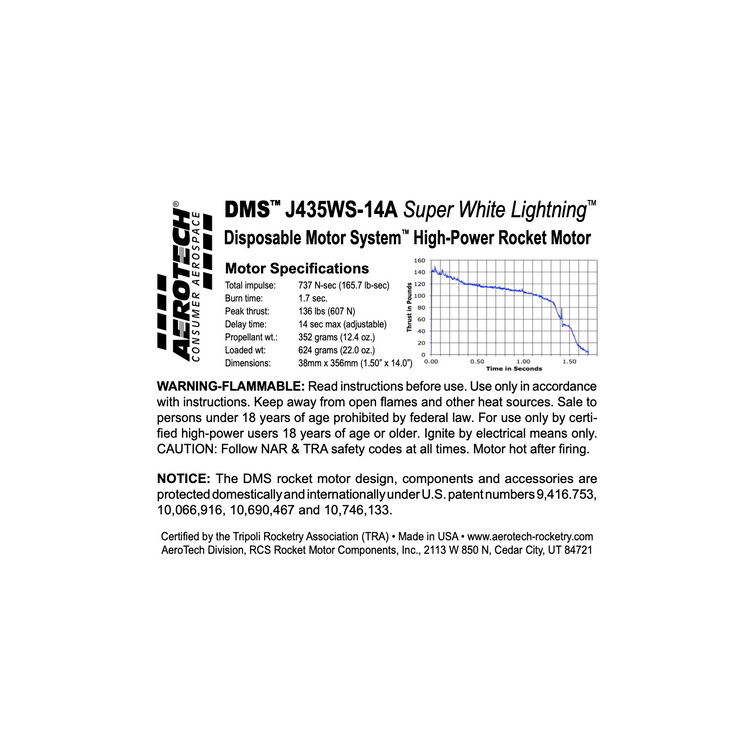AeroTech J435WS-13A 38mm x 356mm Single Use DMS 1-Motor Kit - 104314